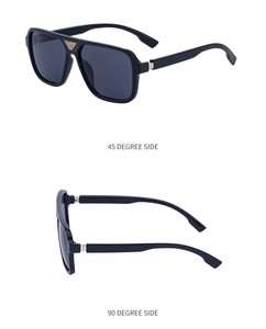 Detail of square sunglasses with gold metal bridge accent and silver temple hinges