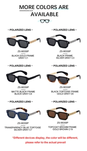 Affichage de lunettes de soleil carrées polarisées en six couleurs avec branches en métal