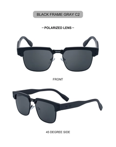 Close-up of matte black square polarized sunglasses featuring distinctive triple dot rivets