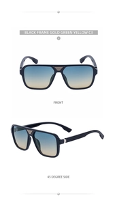 Close-up of square sunglasses with black frame and blue-yellow gradient lenses