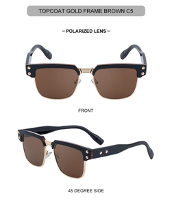 Front and side view of square polarized sunglasses with gold frame and brown lenses