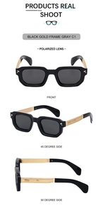 Vue détaillée de lunettes de soleil carrées polarisées avec branches dorées et accents en T