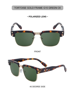 Detail of tortoise and gold square polarized sunglasses with G15 green lenses
