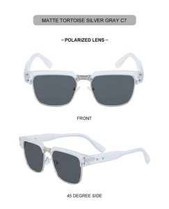 Front and 45-degree side view of matte tortoise silver polarized square sunglasses