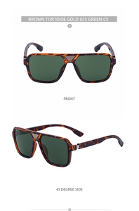 Front and 45-degree views of square tortoise sunglasses with gold accents and green lenses