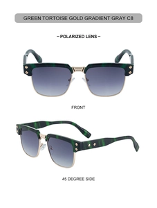 Detail view of square polarized sunglasses with green tortoise shell frames and gold metal