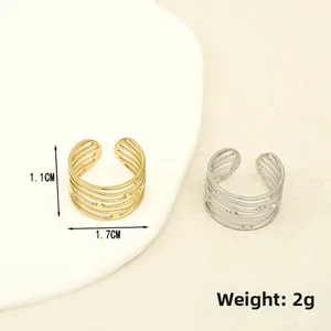 Irregular open rings in gold and silver finish with detailed dimension measurements