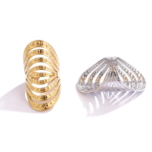 Hollow multi-layer stainless steel wide ring in gold and silver finish with dotted texture