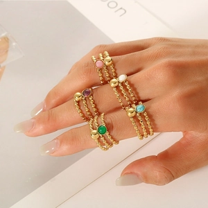 Bohemian gold plated stainless steel multi-layer beaded ring with natural gemstones