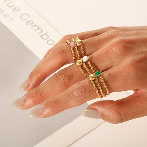 Three-piece layered titanium steel beaded rings with pink white and green natural stones