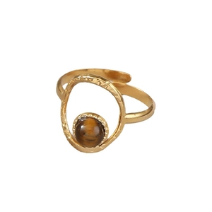 Bague vintage ajustable en acier doré avec pierre œil de tigre et texture martelée