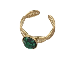 Egyptian style gold multi-layer ring with green malachite stone and feather engraving