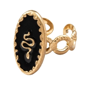Bague serpent dorée ajustable avec ovale en émail noir et anneau torsadé vintage