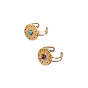 Vintage gold adjustable stainless steel rings with turquoise and purple sunburst relief