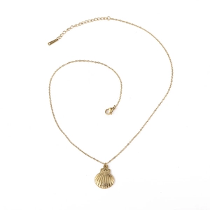 Elegant 18k gold plated stainless steel scallop shell pendant necklace on white background