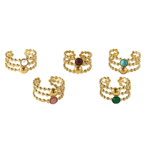 Five-piece set of adjustable multi-layer gold steel rings with colorful natural stones