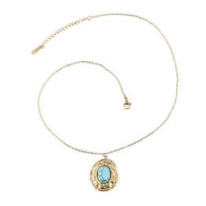 Vintage gold titanium steel necklace with turquoise stone pendant and hammered texture