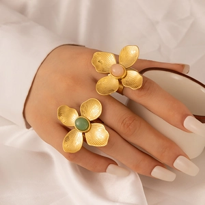 Floral stainless steel rings with natural stones and brushed gold finish for women