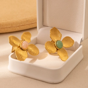 French style flower petal stainless steel rings with pink and green natural stone inlays
