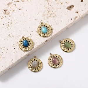 Five-piece set of gold stainless steel round pendants with colorful oval natural stones