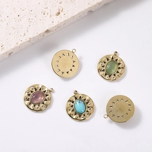 Retro sunburst geometric pendants with natural stones in gold titanium steel