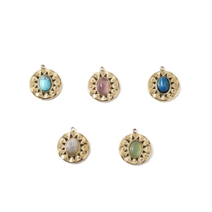 Detailed set of five vintage gold-tone pendants with colorful natural stone oval inlays