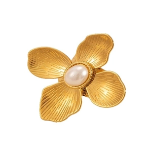 Elegant gold flower ring with natural stone petal design and polished stainless steel finish