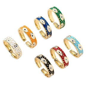 Set of 7 colorful enamel evil eye open rings in gold plating with adjustable bands