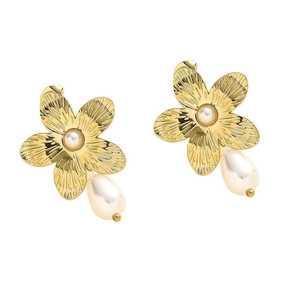 French vintage gold flower earrings with teardrop pearls and detailed petal texture