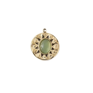 Bohemian gold-plated round pendant with oval green gemstone and sunburst texture