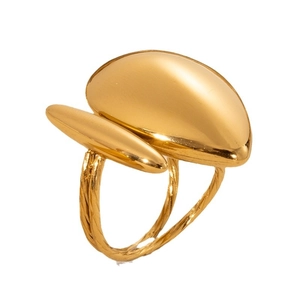French style 18k gold plated titanium steel ring with organic pebble shapes and double band