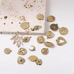 14K gold-plated stainless steel charms including moon and leaf shapes for DIY jewelry