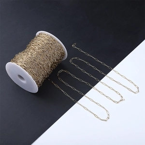 Detail of 18k gold plated stainless steel paperclip chain on white spool for DIY jewelry