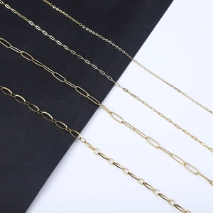 Detail showing four assorted sizes of 18k gold plated stainless steel paperclip chains