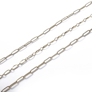 Detailed view of three styles of 18k gold plated stainless steel DIY paperclip chains