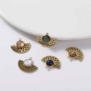 Gold fan-shaped titanium steel pendants with various natural stones for jewelry making