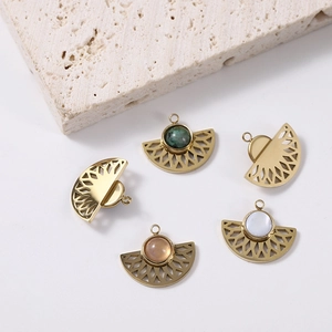 Set of geometric fan-shaped stainless steel pendants with colorful natural stone inlays