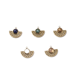 Set of five fan-shaped stainless steel pendants with assorted inlaid natural stones