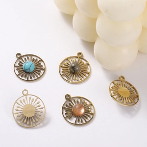 Set of vintage stainless steel oval sunburst pendants with colorful natural stone inlays