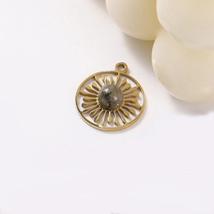 Golden stainless steel oval sunflower pendant with grey marble natural stone inlay