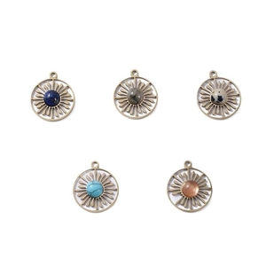 Five vintage stainless steel sunflower pendants with natural stones in different colors