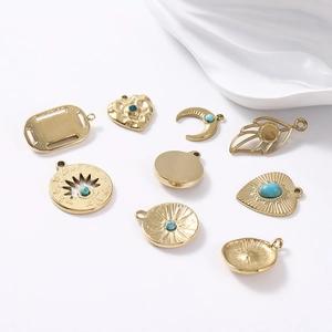 Vintage gold stainless steel moon and heart pendants with turquoise stones for DIY jewelry