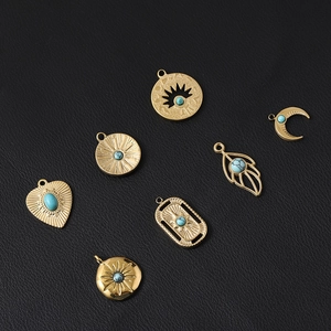 Vintage gold stainless steel moon and heart pendants with turquoise stones for DIY jewelry