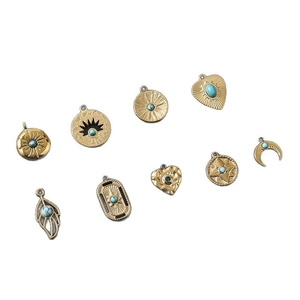 Vintage gold stainless steel moon and heart charms with turquoise stone inlays