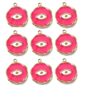 Detailed grid of nine pink enamel evil eye charms with golden stainless steel frames
