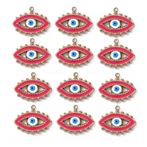 Detailed set of 12 gold plated stainless steel evil eye pendants with pink enamel for DIY
