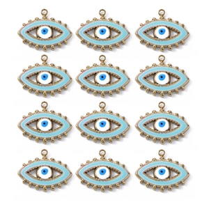 Set of 12 gold-plated stainless steel evil eye charms with light blue enamel finish