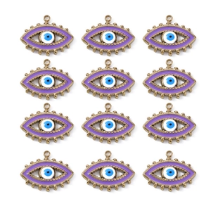 Detail view of 12 purple evil eye charms with gold beaded edges for DIY jewelry