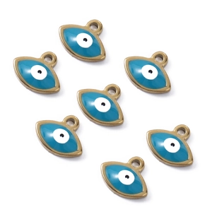 Detailed view of seven blue enamel evil eye pendants with gold stainless steel frames