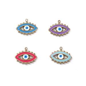 Detail of four colorful evil eye charms in blue and pink with gold metal edges